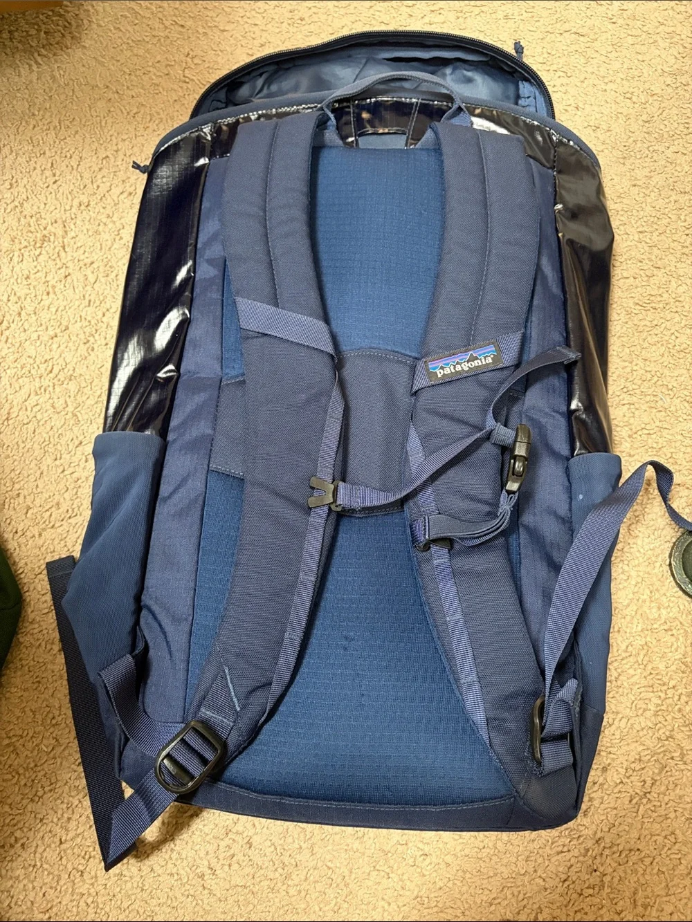 Patagonia Black and Navy Backpack with Red Logo